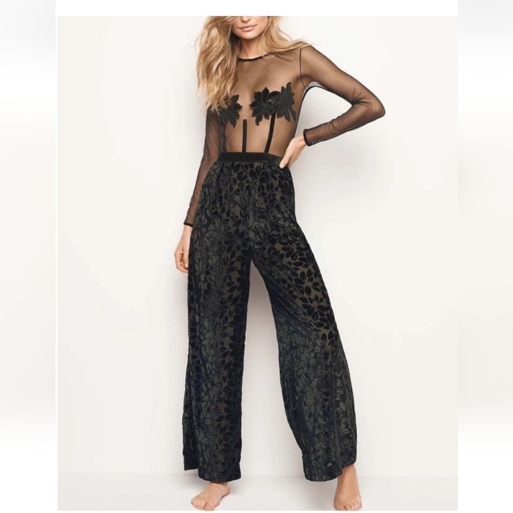 VICTORIA'S SECRET Sheer VELVET Romper Open Back JUMPSUIT Wide Leg Pants Mesh